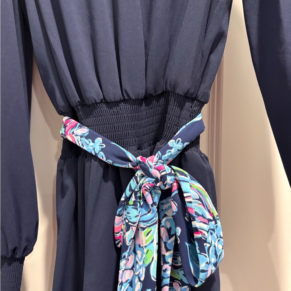 Lilly Pulitzer Navy Blue Dress with Floral Sash - Picture 4 of 7